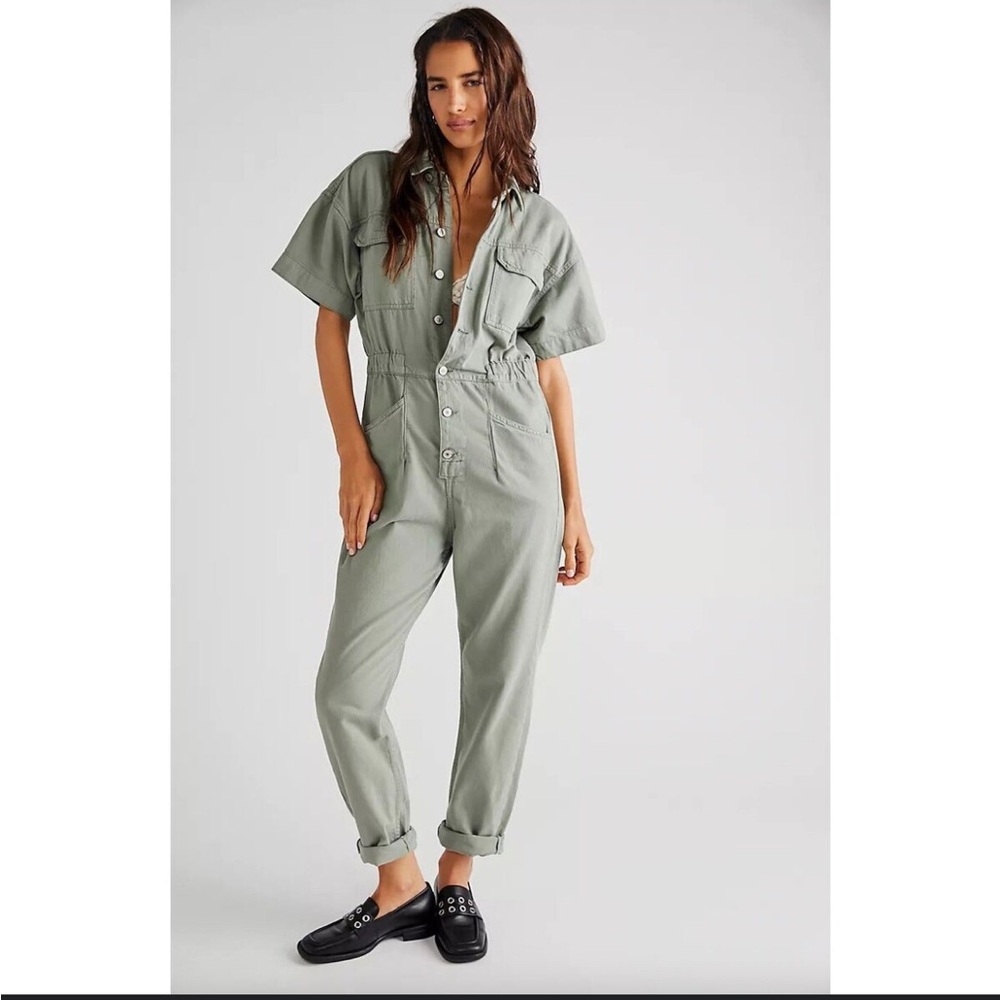 Free People Marci Coverall Cotton Denim Jumpsuit in Washed Army Green Sz M NWT